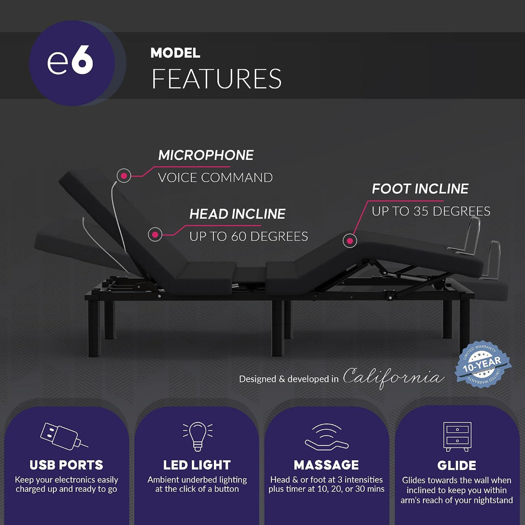 E6 Wall Glide Adjustable Bed Frame with Voice Control, Massage, USB, Nightlight, Anti-Snore, Zero Gravity, Wireless