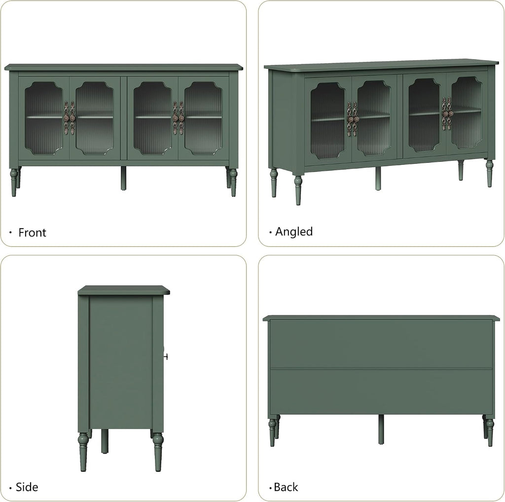 58" Sideboard Buffet Cabinet with Storage, Sideboard Cabinet, Green | Mid Century Storage Cabinet with Shelves and 4