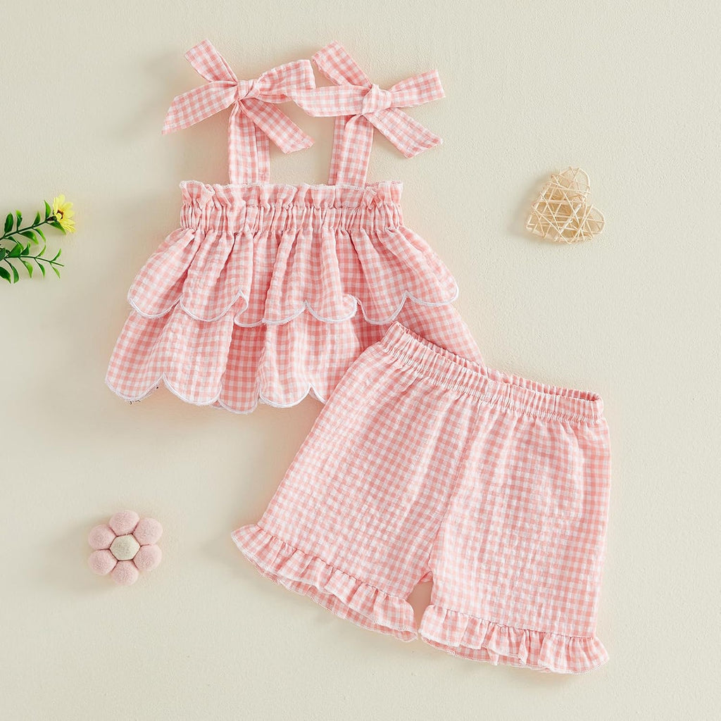Toddler Baby Girl Clothes Summer Plaid Outfit Sleeveless Ruffle Dress Top+Plaid Shorts Little Girl 2 Pieces