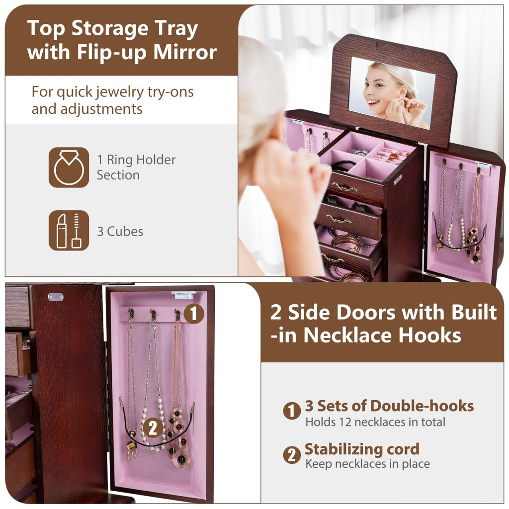 Standing Jewelry Cabinet with 4 Drawers, Flip Top Mirror, Walnut