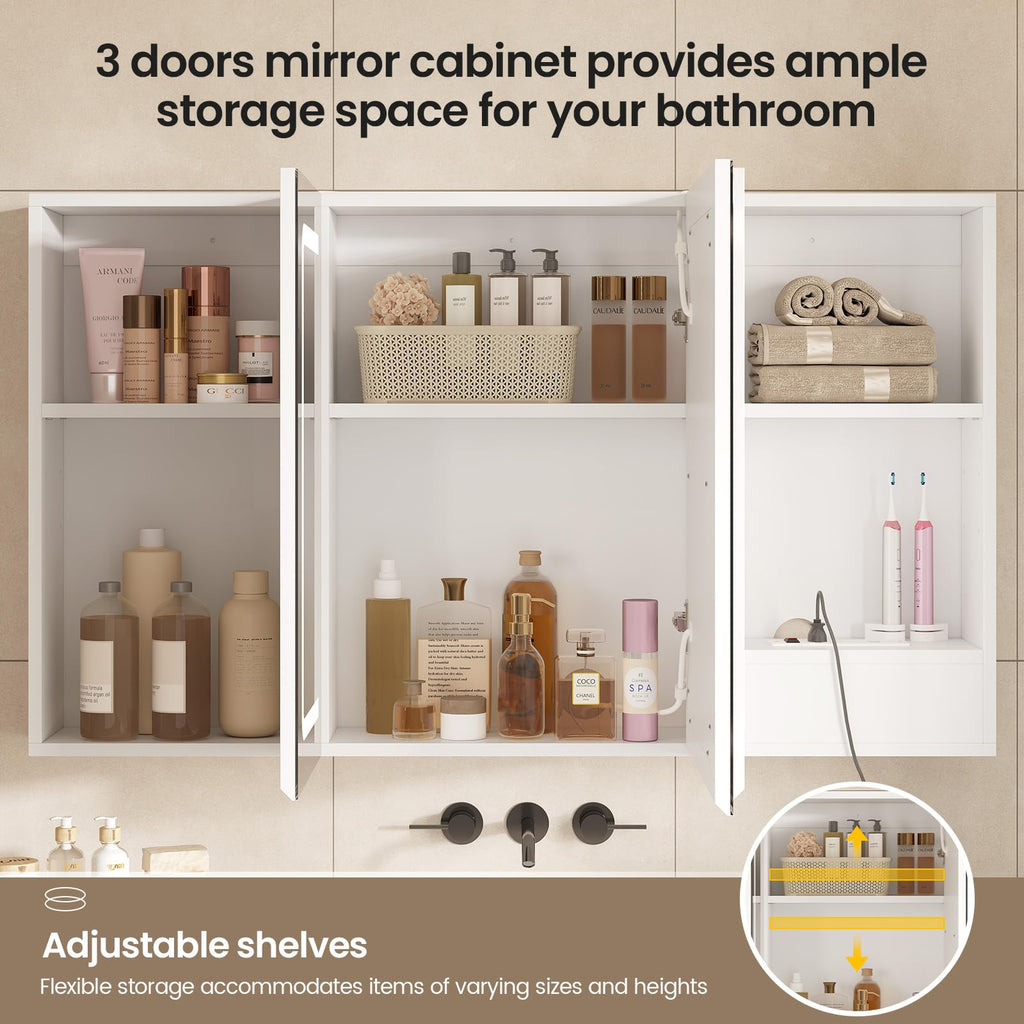 Medicine Cabinet Organizer with Mirror, Lighted Bathroom Medicine Cabinet with Storage, 3 Doors Bathroom Wall Cabinet