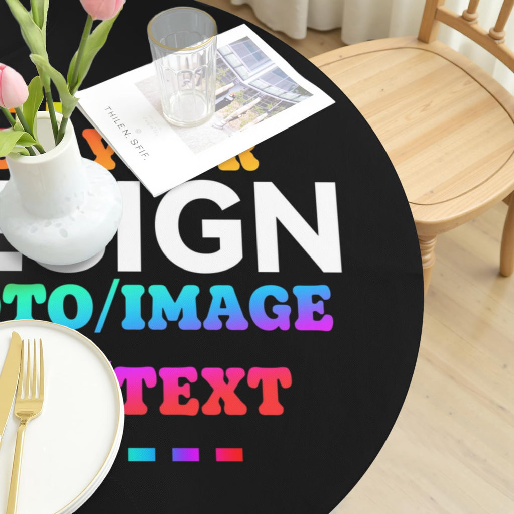 Custom Round Fitted Tablecloth with Elastic Edge, Design Your Photo, Text, Business Logo, Oil Proof Wipeable Table