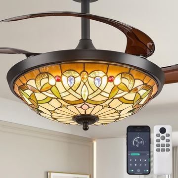 48" Tiffany Retractable Ceiling Fan with Light - (Gem Art, Black)