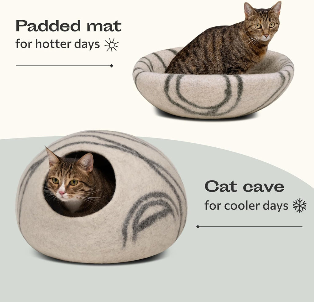 Cat Cave - Premium Felt Cat Bed for Indoor Cats, Handmade Merino Wool (Light Grey, Medium)