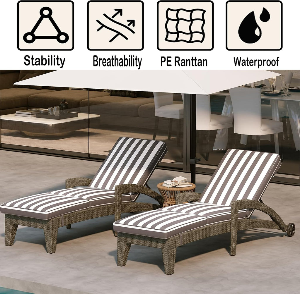 Patio Chaise Lounge Set of 2, Wicker Lounge Chairs Outdoor with Wheels, Wicker Chaise Lounges with Armrests All