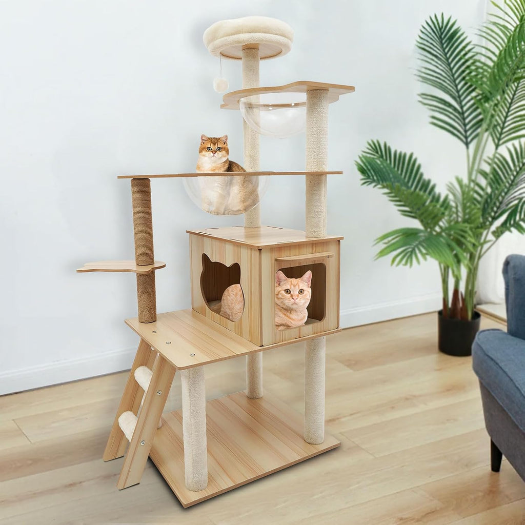Wood Cat Tree, Modern 5-Tier Wooden Cat Tree, Wooden Tower with Acrylic Space Capsules & Sisal Scratching Post