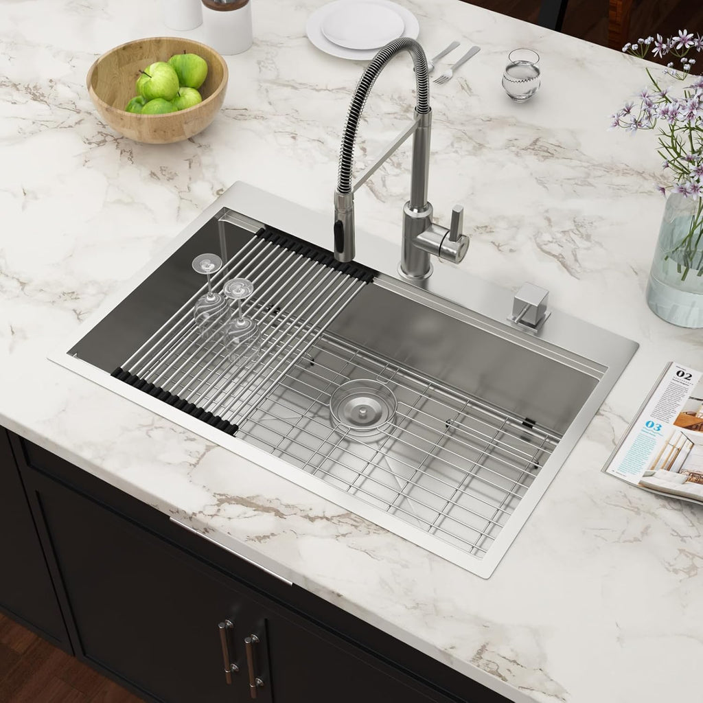 33x22 Drop In Workstation Kitchen Sink with Accessories | 16 Gauge Stainless Steel, Single Bowl, Round Corner