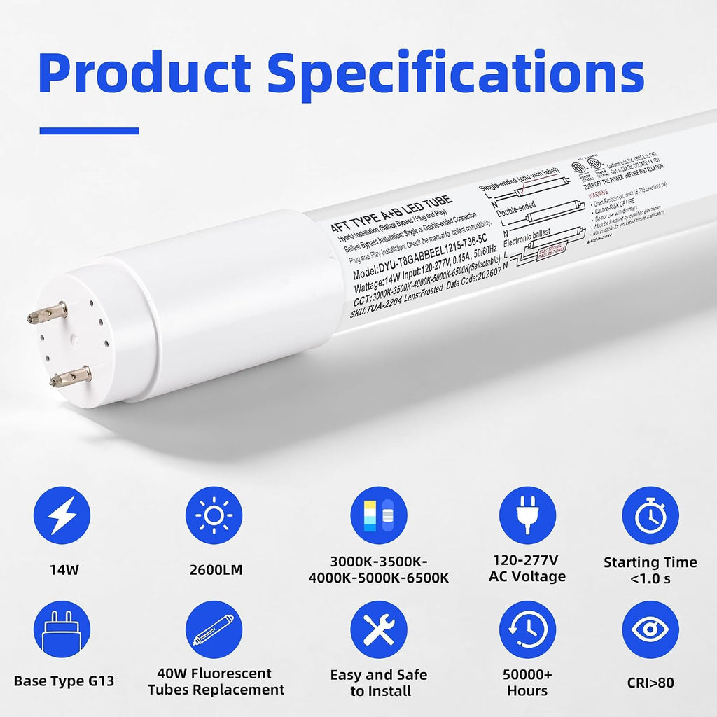 T8 LED Bulbs 4 Foot,186LM/W 5CCT 3000-6500K 14W 2600LM DLC 6.0 ETL