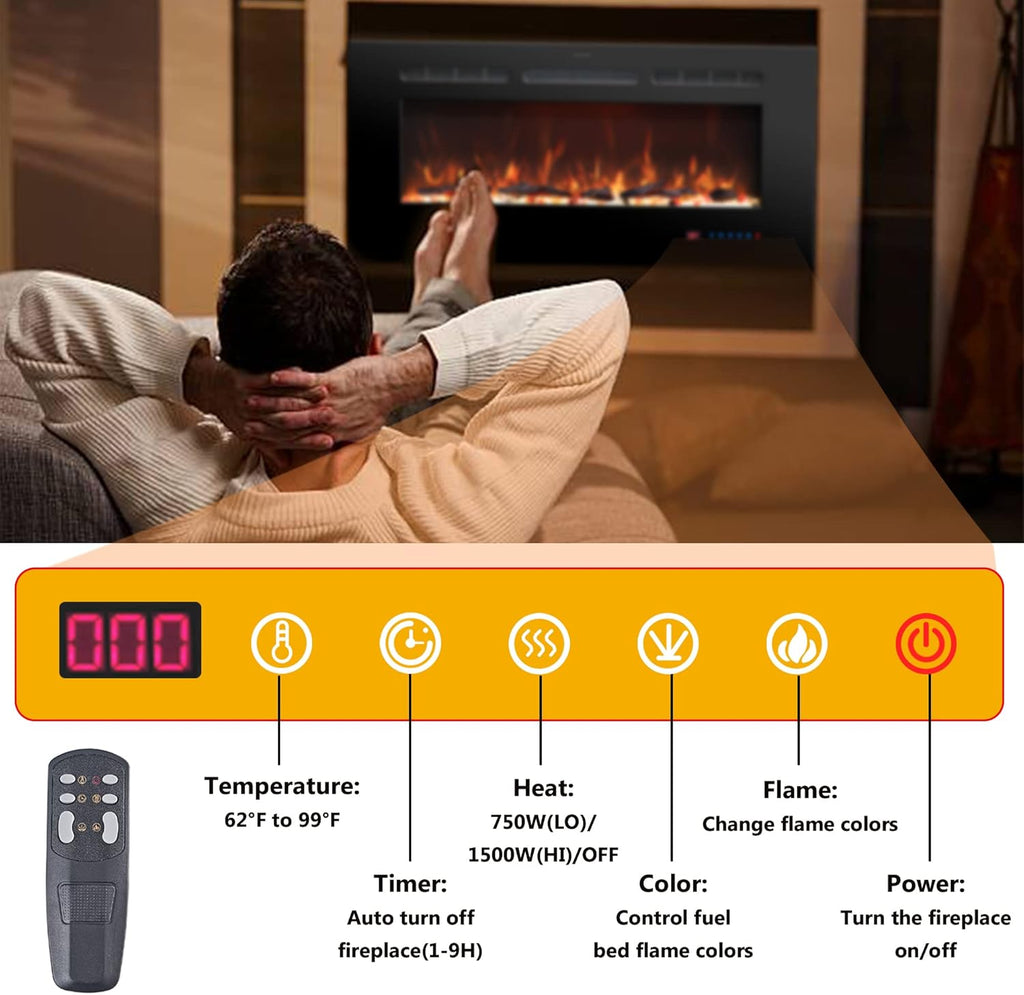 48 Inches Electric Fireplace Inserts, Recessed and Wall Mounted Fireplace Heater for Indoor Use with Remote Control
