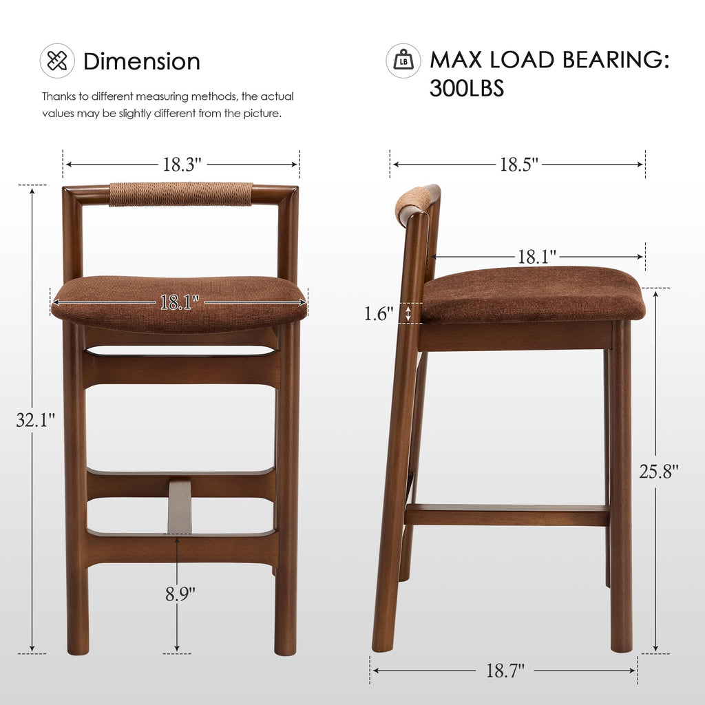 Wood Counter Stools with Woven Paper Cord Accent Back, Set of 4