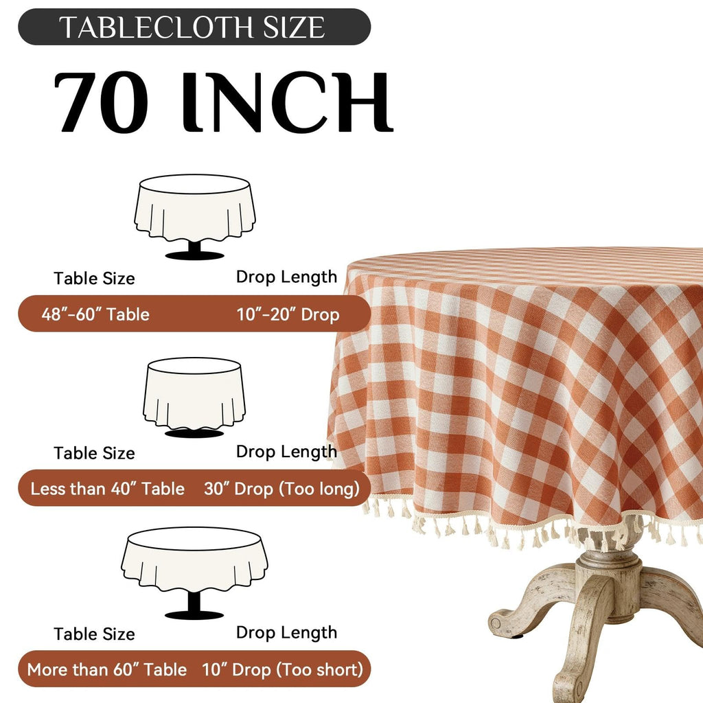 Fall Gingham Round Tablecloth with Tassel, Orange, 70" x 70"