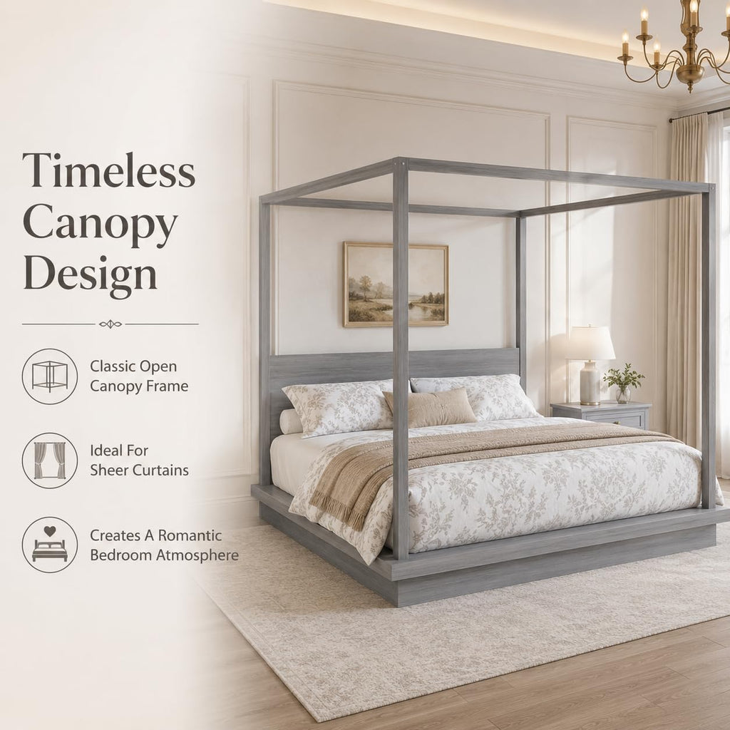 Wooden Canopy Bed Frame Gray Vintage Rustic