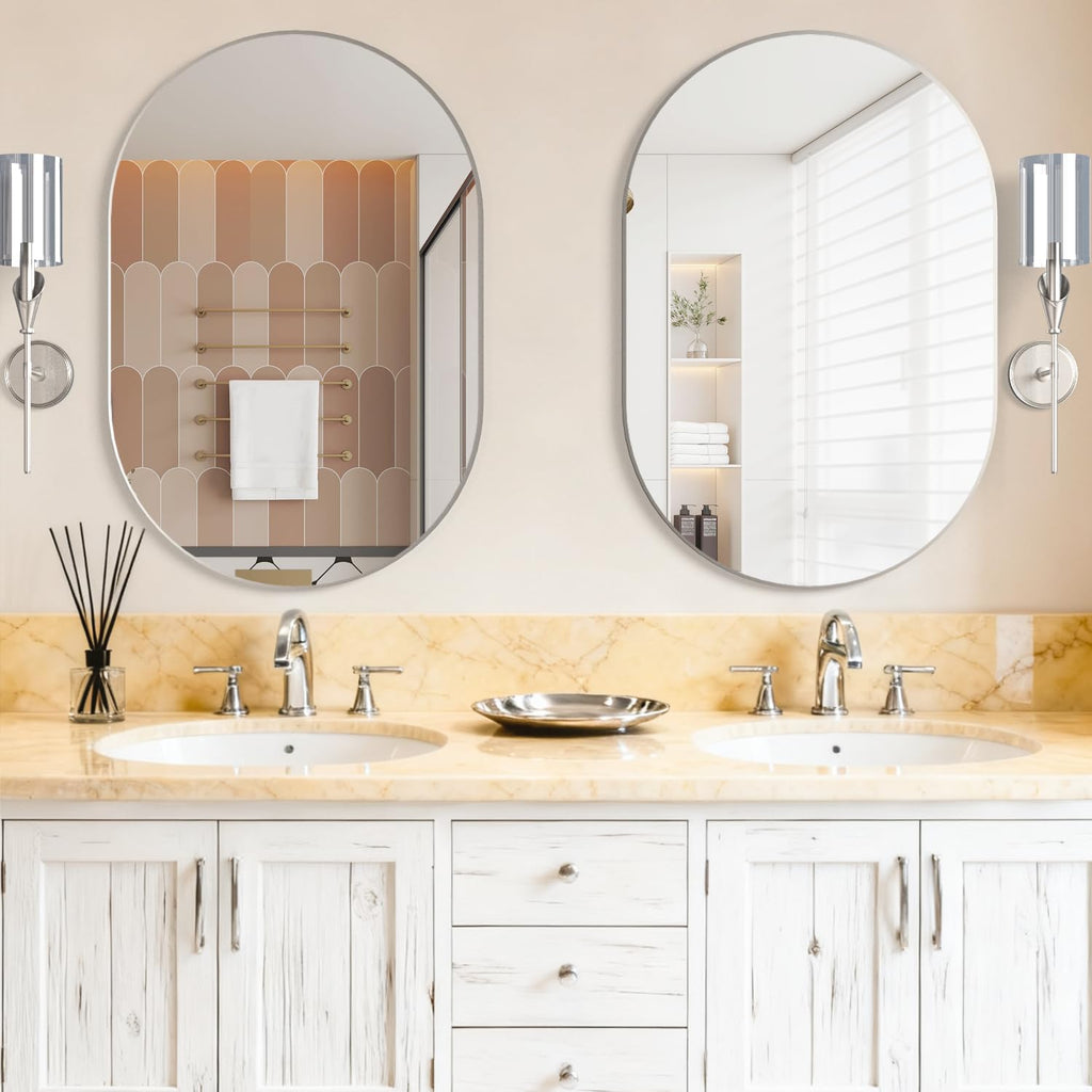 Oval Bathroom Capsule Wall Vanity, 24"x36" Pill Mirrors Wall Mounted, Large Modern with Silver Metal Frame, Decor