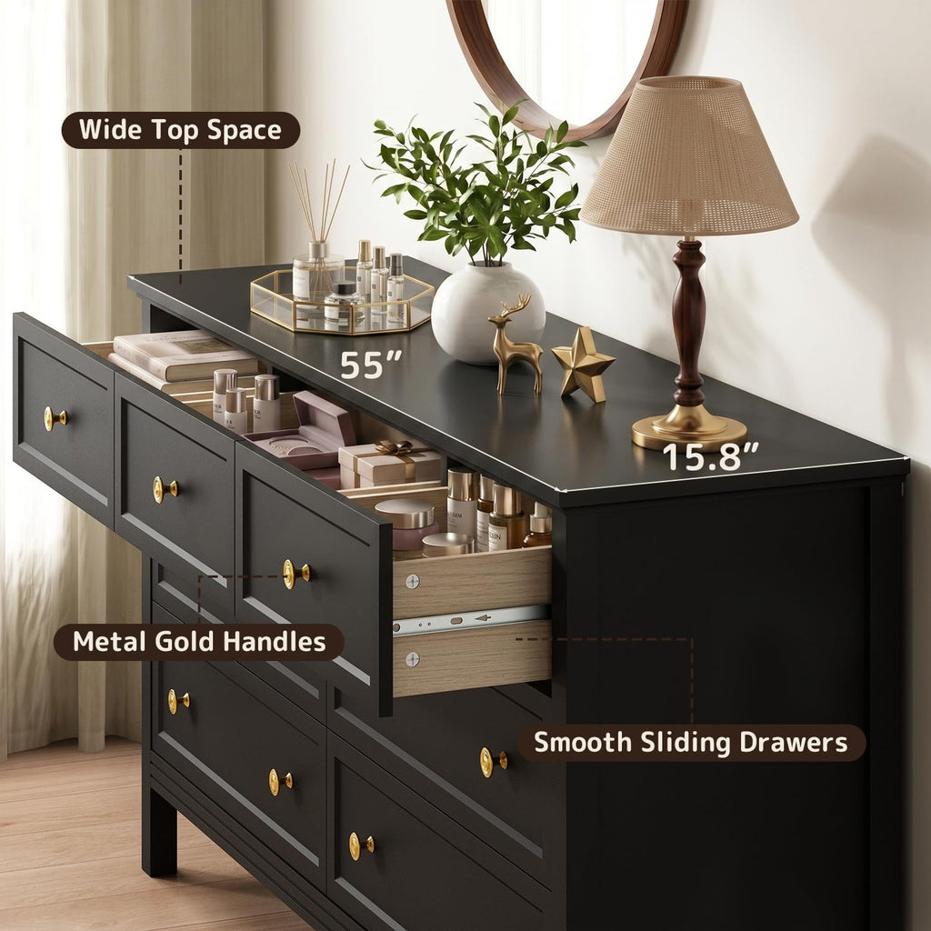 55" Black Dresser with 7 Drawers & Modern Gold Handle