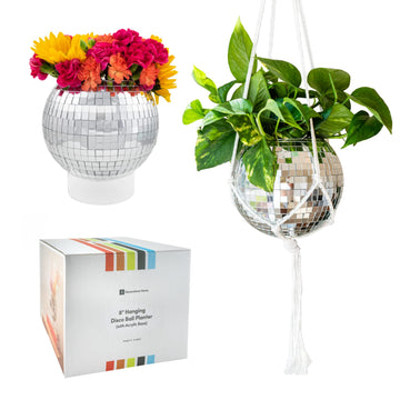 Disco Ball Planter 8" with Acrylic Base and Cotton Macrame Plant Hanger - Décor, Room Décor, Boho Décor, Disco