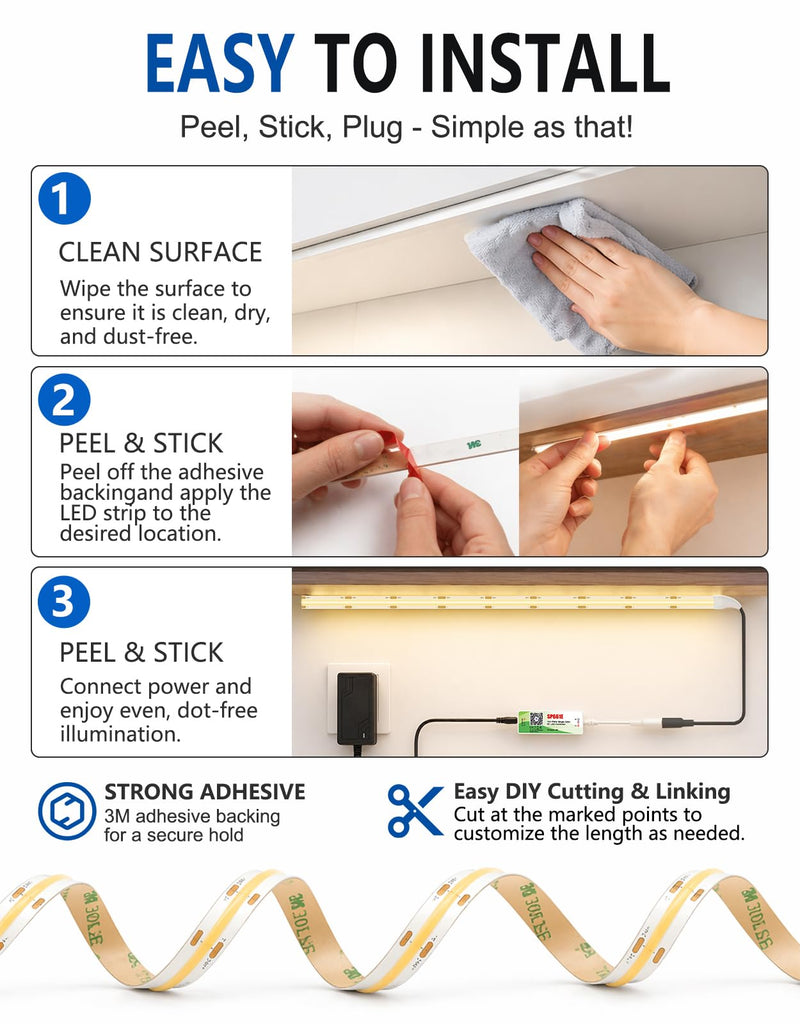 Under Cabinet LED Lighting kit, Plug in 16.4ft COB LED Strip Lights