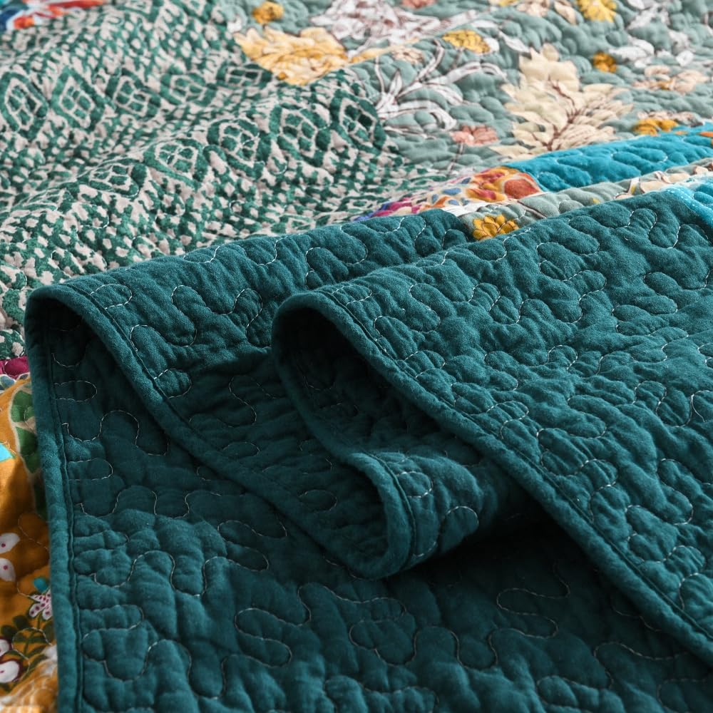 Cotton Bedspread Quilt Sets Reversible Bedding Coverlet Sets Comforter, Vintage Floral Patchwork Turquoise Bedspread