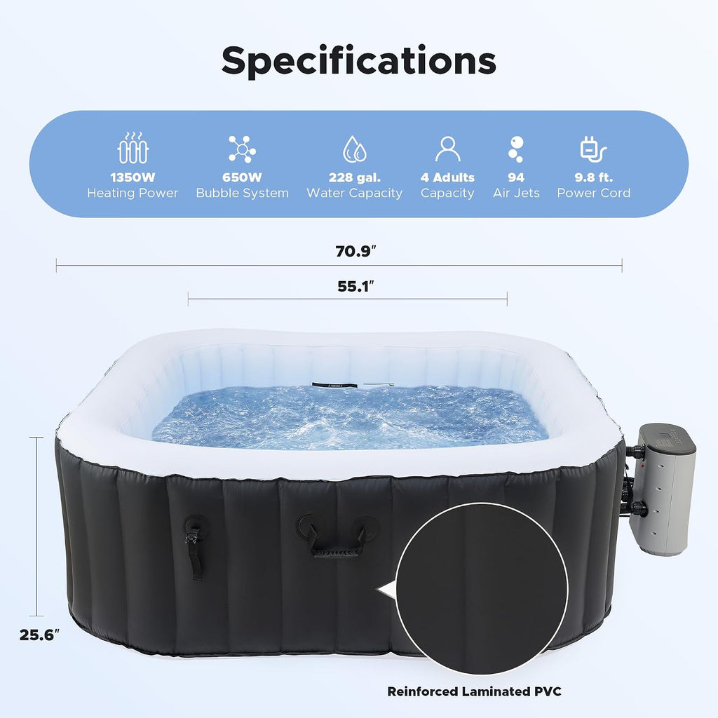 6ft Inflatable Hot Tub, 4-Person Outdoor Spa with 94 Air Jets & Heater | Square 40 °C Powerful Heating & Soothing