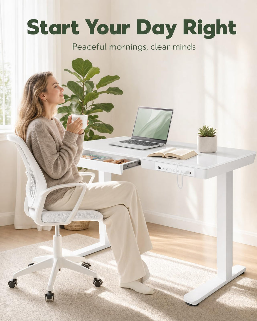 Glass Standing Desk, 35 Inch Small Sit Stand Desk, Pure White