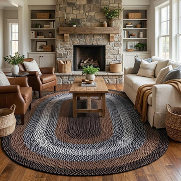 Rustic Black/Ivory/Brown Oval Braided Rug /Dining Room, Washable Outdoor Rug /Porch 6' x 9' Oval