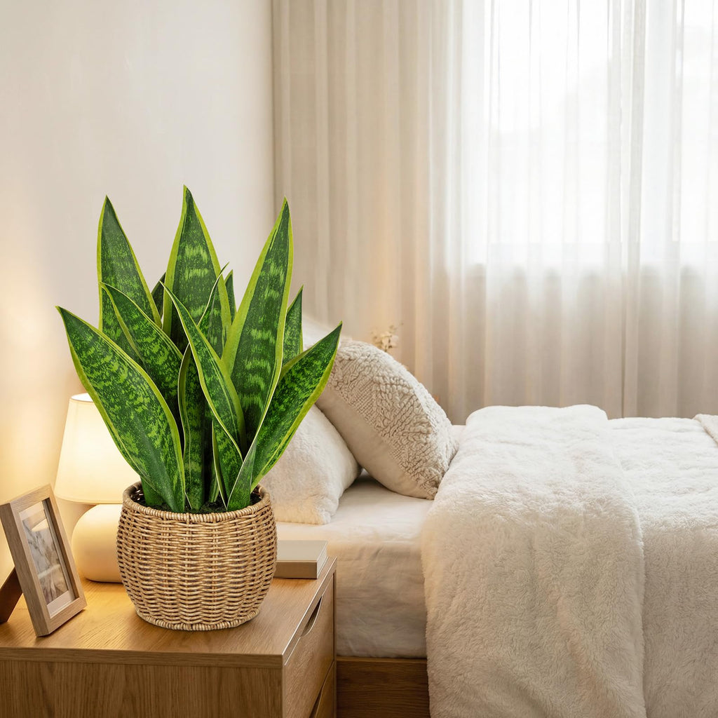 Artificial Snake Plant in Woven Basket 17" Faux Sansevieria Trifasciata Plants Fake Snake Plants Potted Room Indoor