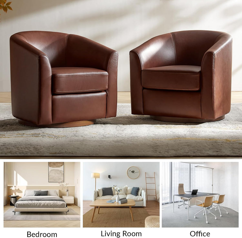 Genuine Leather Swivel Barrel Chair with Solid Wood Base, Brown