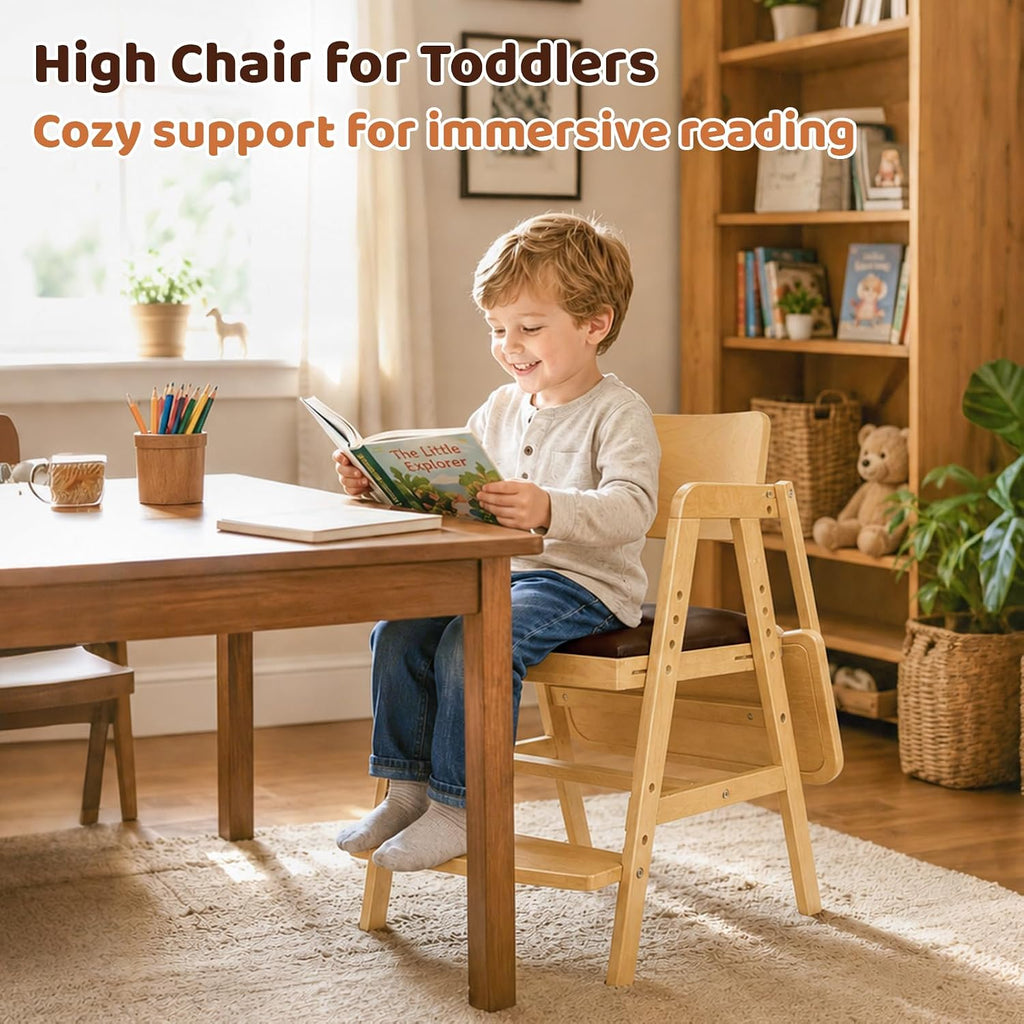 3-in-1 Wooden High Chair for Baby & Toddler with Adjustable Tray, Natural | Ergonomic Design, Built-in Foot Steps