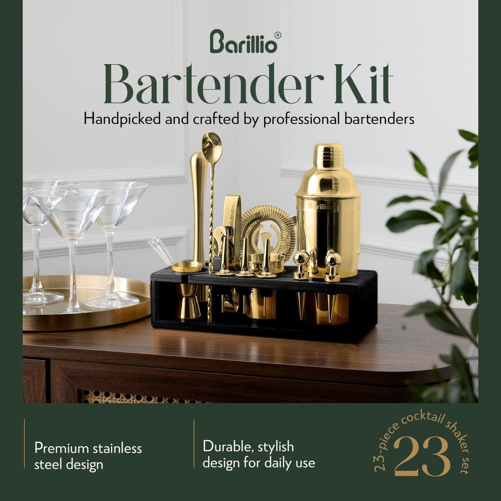 Gold Bartender Kit - Stainless-Steel Cocktail Shaker Set w/Black Bamboo Stand - Mixology Bar Tools w/Drink Shaker - Set of 23