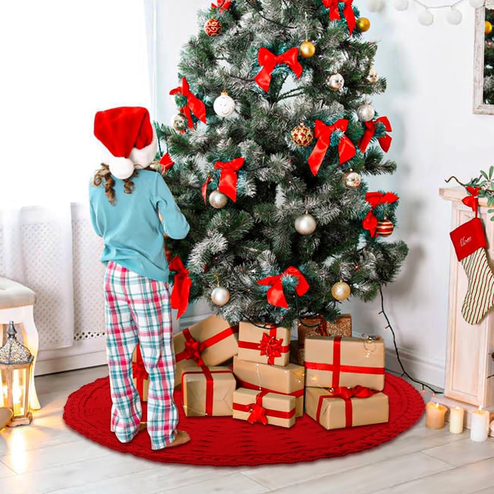 36 Inches Christmas Knitted Tree Skirt Decorations Xmas Large Red Chunky Cable Farmhouse Thick Rustic Tree Skirt