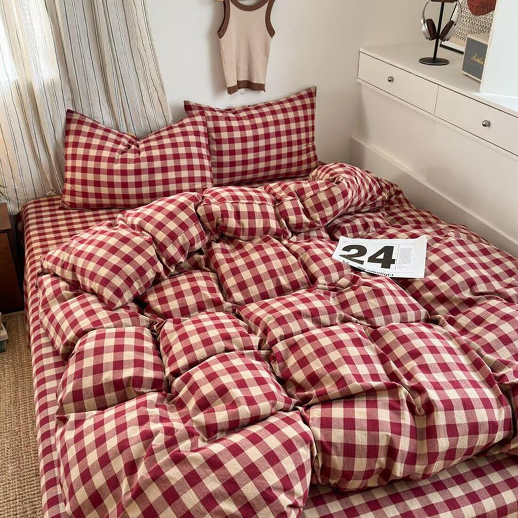 Red Gingham Duvet Cover Bedding Set 100% Washed Cotton Beige Plaid Checkered Duvet Cover 3pcs