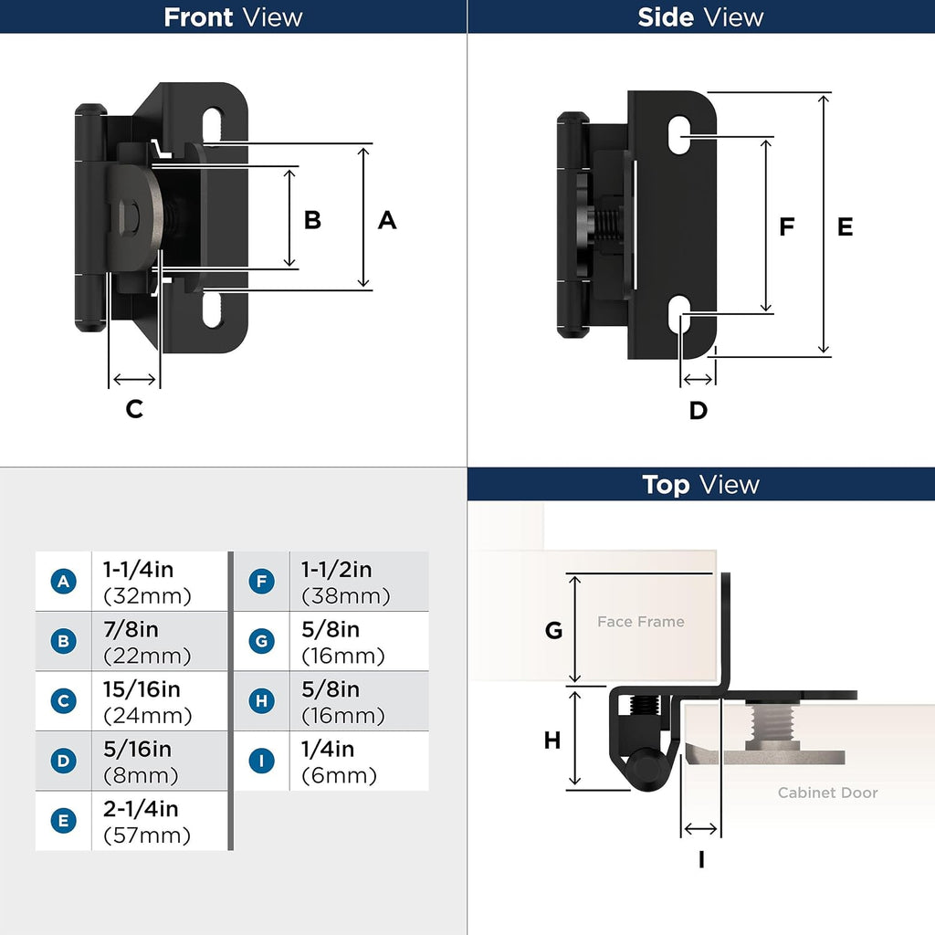 BPR8701FB | Cabinet Hinge | 1/4 inch (6 mm) Overlay Double Demountable | Matte Black | Kitchen Cabinet Door Hinge | 1