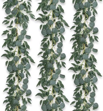 Fake Eucalyptus Vines, 6.5FT Silk Ivy Garland, Odorless Lush Green Leaves Artificial Hanging Plants, Boho Forest - Set of 3