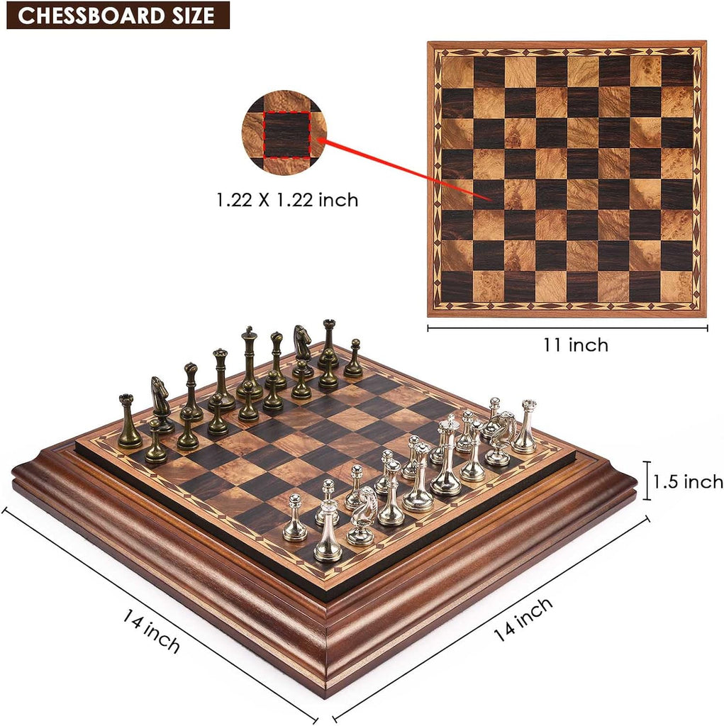 14 inches Wooden Chess Set with Metal Chess Pieces / 2.5'' King/Storage for Chessmen/Gift
