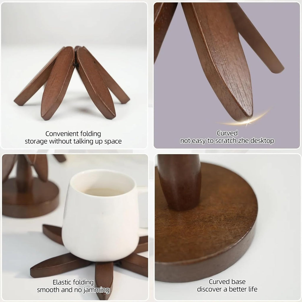 Artisanal Wooden Coasters Trivets Set - Foldable Wooden Tree Trivet with 4 Coasters & Stand - Heat Resistant Hot - Set of 4