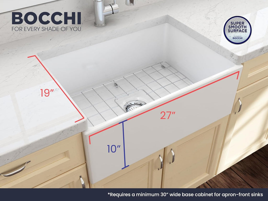 Contempo Farmhouse Apron Front Fireclay 27 in. Single Bowl Kitchen Sink with Protective Bottom Grid and Strainer in