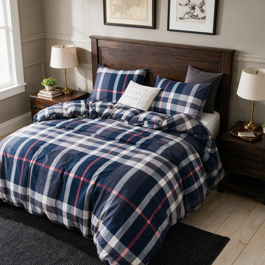 Blue Plaid Comforter Set 3Pcs Buffalo Tartan Bedding Sets