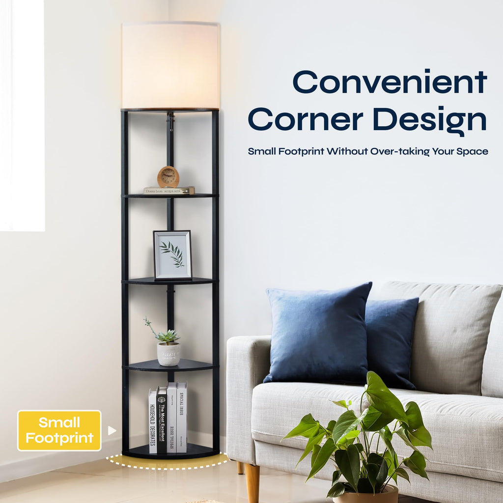 Corner Floor Lamp with Shelves, Tall Corner Lamp with Fabric Shade, Modern Torchiere Lamp, Corner Display Shelf with