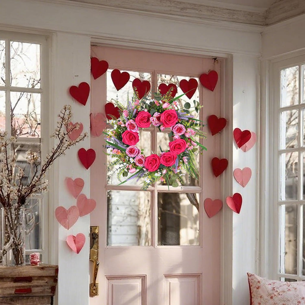 22 Inch Valentines Day Wreaths for Front Door Pink Peony Wreath with Roses Tulips Daisies Valentine Door Decorations