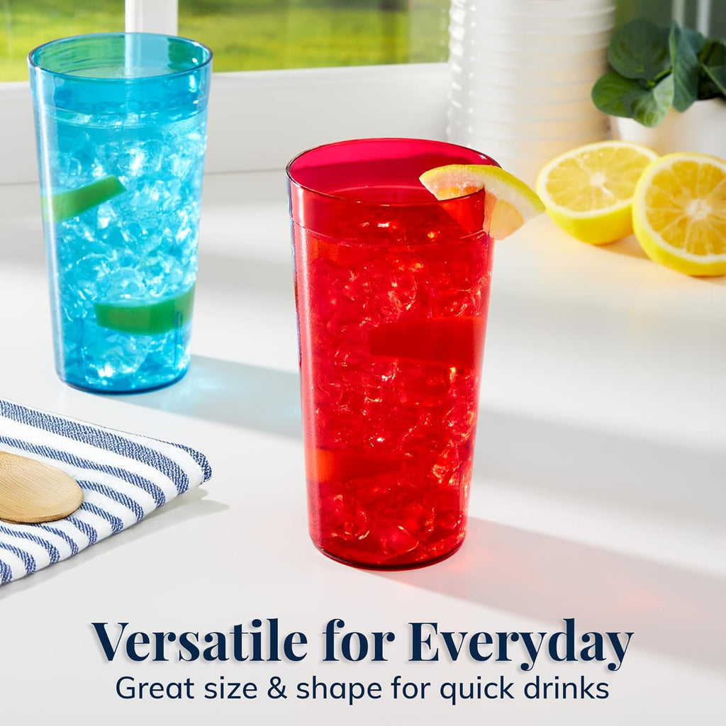 Cafe Plastic Reusable Tumblers (Set of 16) 20-ounce Water Cups Assorted Colors | Restaurant Style Drinking Glasses