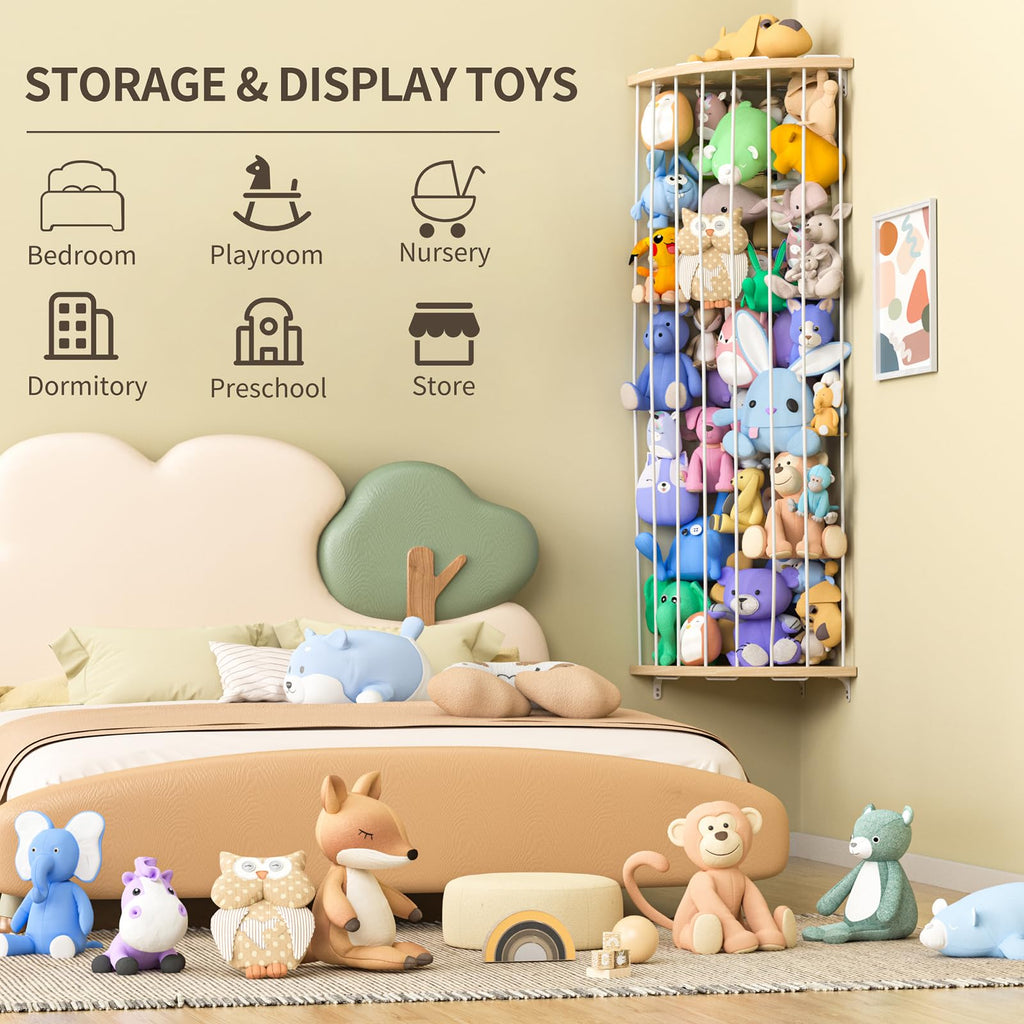 Stuffed Animal Storage Wood Corner Plush Toys Holder with Star Pattern, Length Adjustable Hanging Stuffed Animal Toy