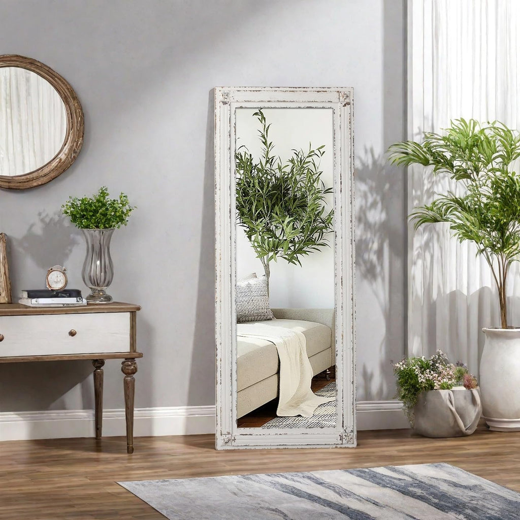 Rustic Full Length Mirror with Stand 60" x 24", Distressed White