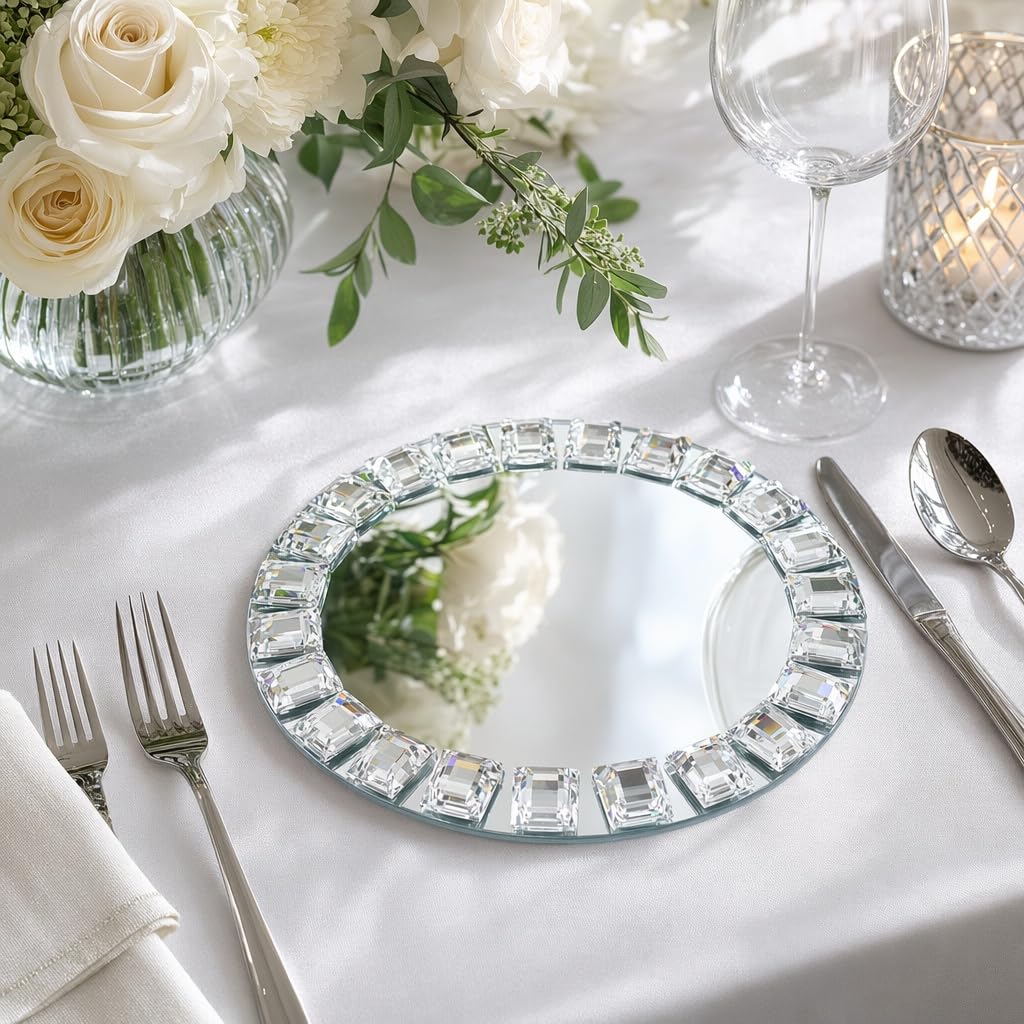 Silver Glass Charger Plates, Set of 4-13 Inch Round Mirror Chargers with Glass Mosaic Rim for Wedding Party Table