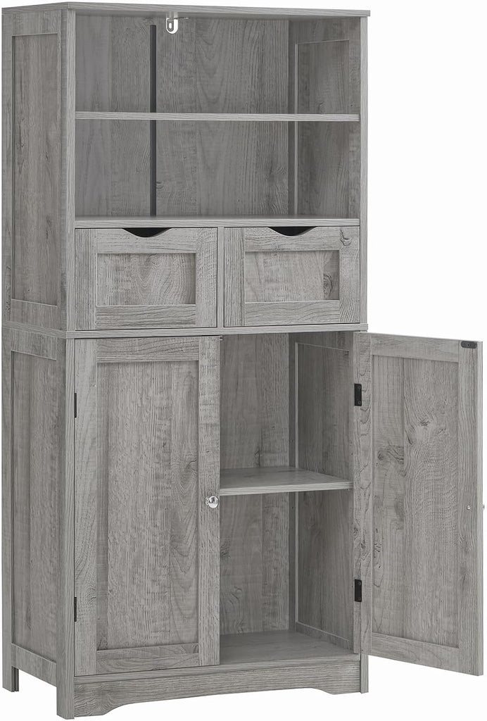 Storage Cabinet with 2 Drawers & Adjustable Shelf, Tall Bathroom Cabinet with Doors, Cupboard, Kitchen Cabinets , Grey