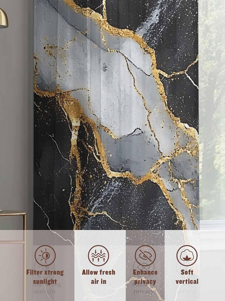 Sheer Curtains 96 Inches Long 2 Panels Set, Marble Black Semi Sheer Curtains for Windows, Grey Granite Surface Luxury