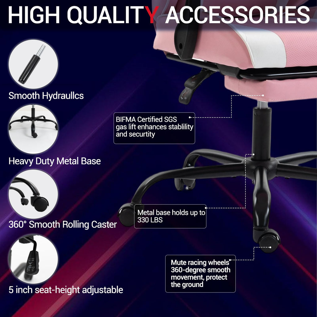 Ergonomic Gaming Chair with Footrest, Video Game Chair with Massage Lumbar Support, Computer Gamer Chair, PU