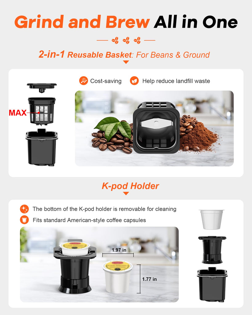 Single Serve Coffee Maker with Built-in Grinder