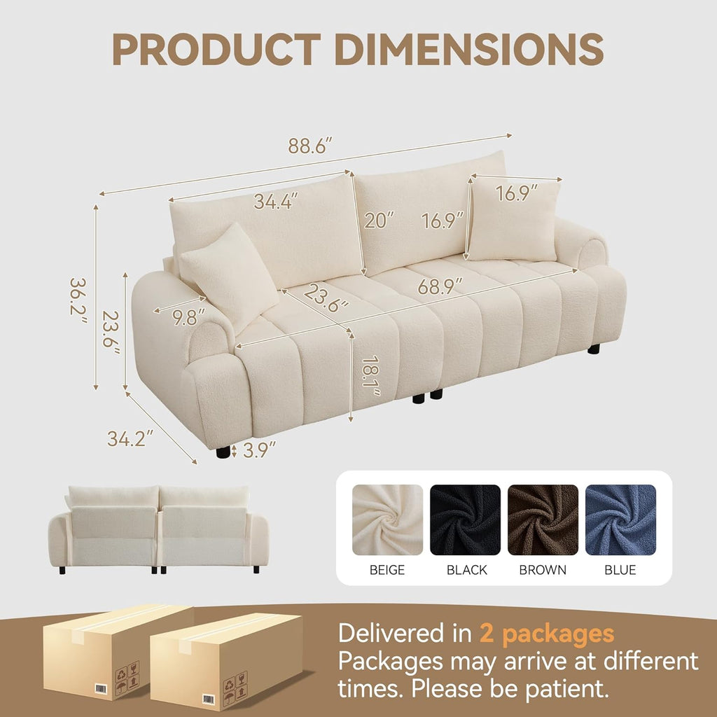 88 "Modern Boucle Sofa Couch, Oversized Comfy 3 Seater Sherpa Curved Sofas Deep Seat
