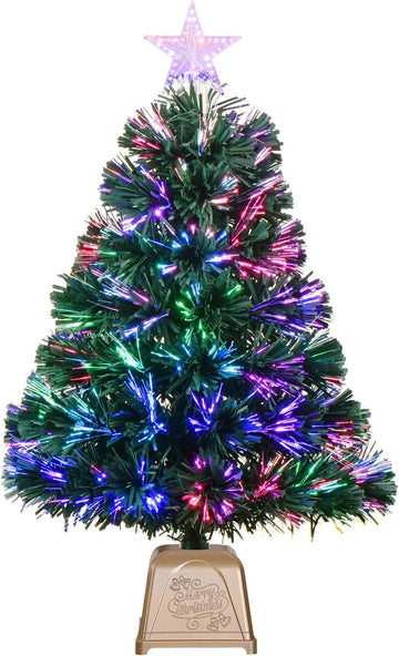 24inch Green Fiber Optic Christmas Tree,Pre-Lit Artificial Mini Christmas Tree, Tabletop Small Xmas Tree with Stars