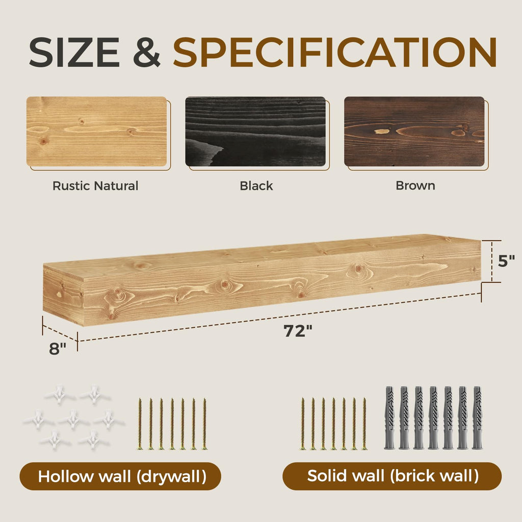 72'' Fireplace Mantel, 5'' Thick Pine Wood Floating Shelf, Wood
