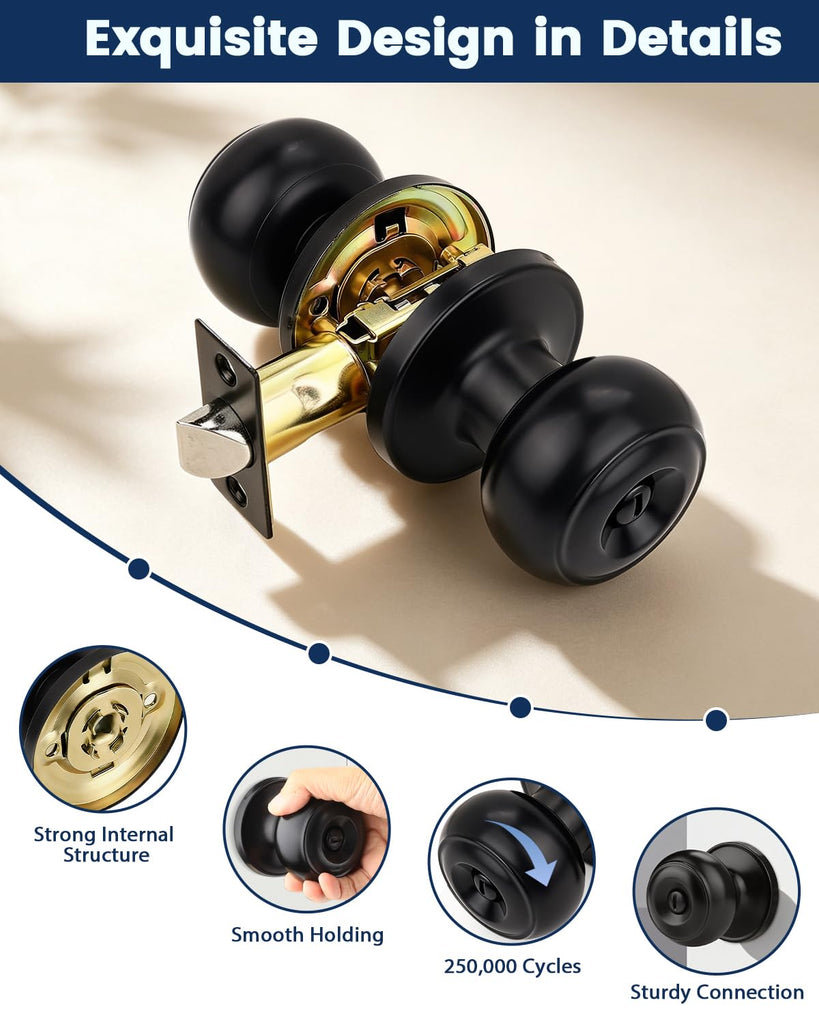 10 Pack Matte Black Privacy Door Knobs Interior, Classic Round Shape Bedroom Doorknobs with Lock, Keyless Modern